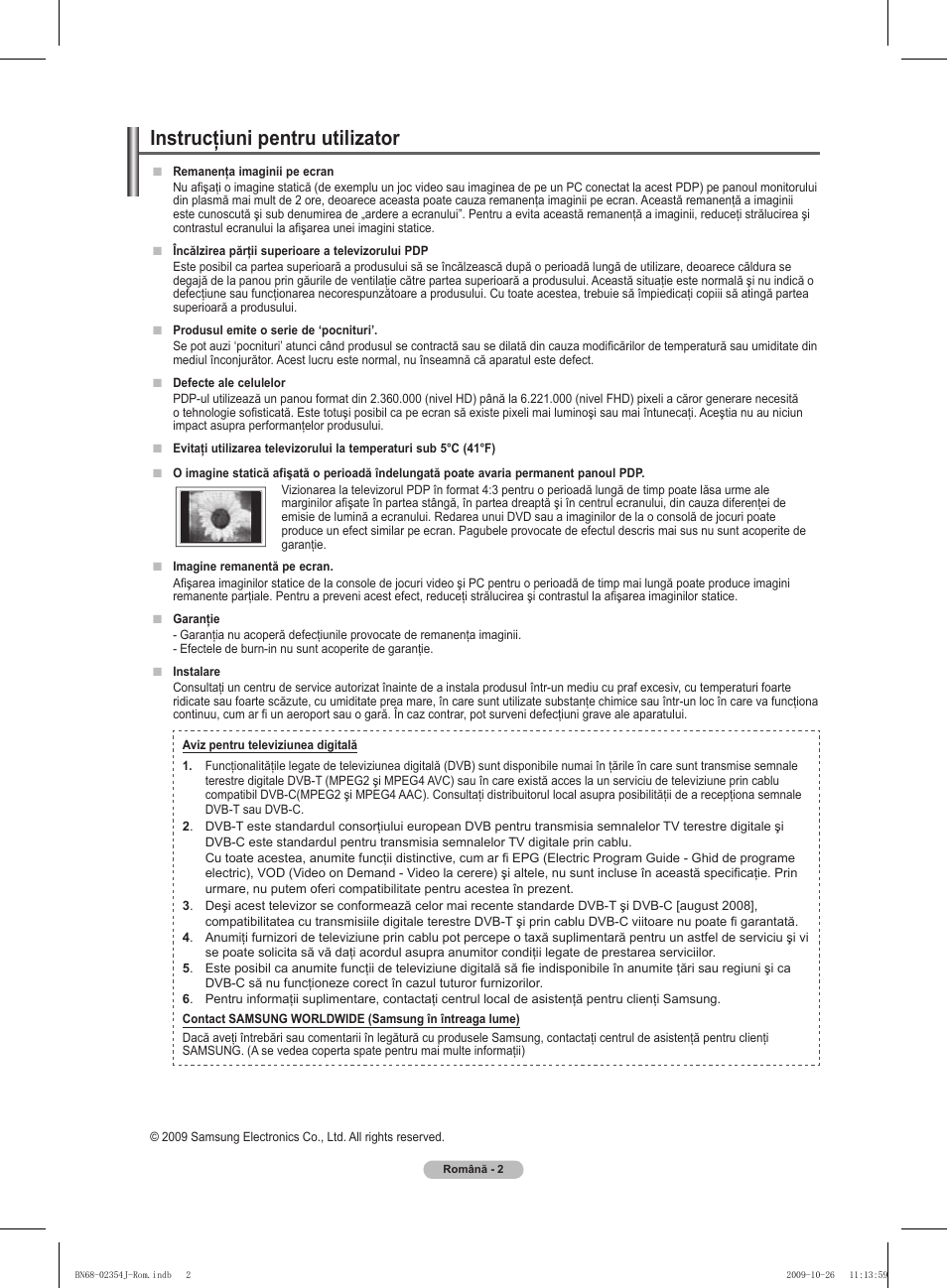 Instrucţiuni pentru utilizator | Samsung PS42B451B2W User Manual | Page 275 / 393