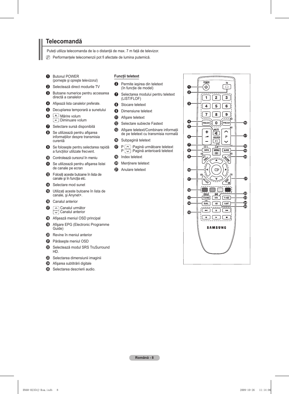Telecomandă | Samsung PS42B451B2W User Manual | Page 281 / 393