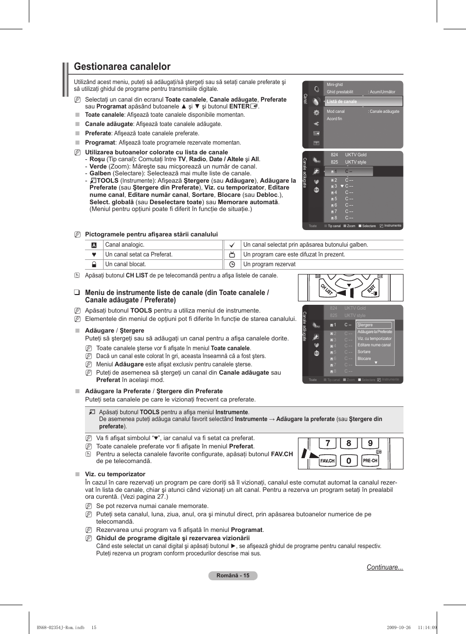 Gestionarea canalelor, Continuare | Samsung PS42B451B2W User Manual | Page 288 / 393