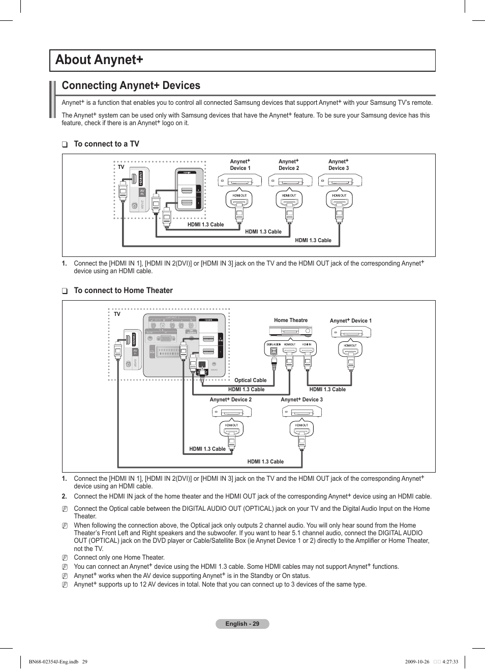About anynet, Connecting anynet+ devices | Samsung PS42B451B2W User Manual | Page 29 / 393