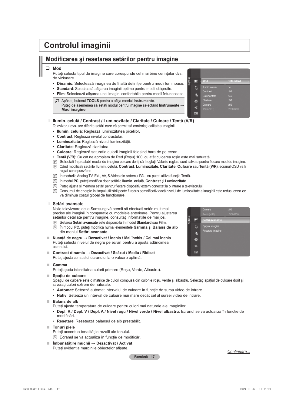 Controlul imaginii, Modificarea şi resetarea setărilor pentru imagine, Setări avansate | Samsung PS42B451B2W User Manual | Page 290 / 393