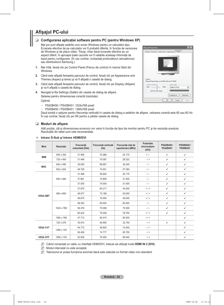 Afişajul pc-ului, Moduri de afişare | Samsung PS42B451B2W User Manual | Page 295 / 393