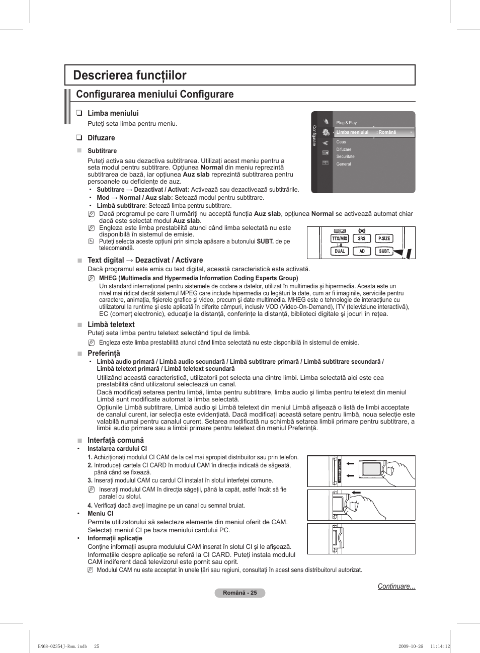 Descrierea funcţiilor, Configurarea meniului configurare | Samsung PS42B451B2W User Manual | Page 298 / 393
