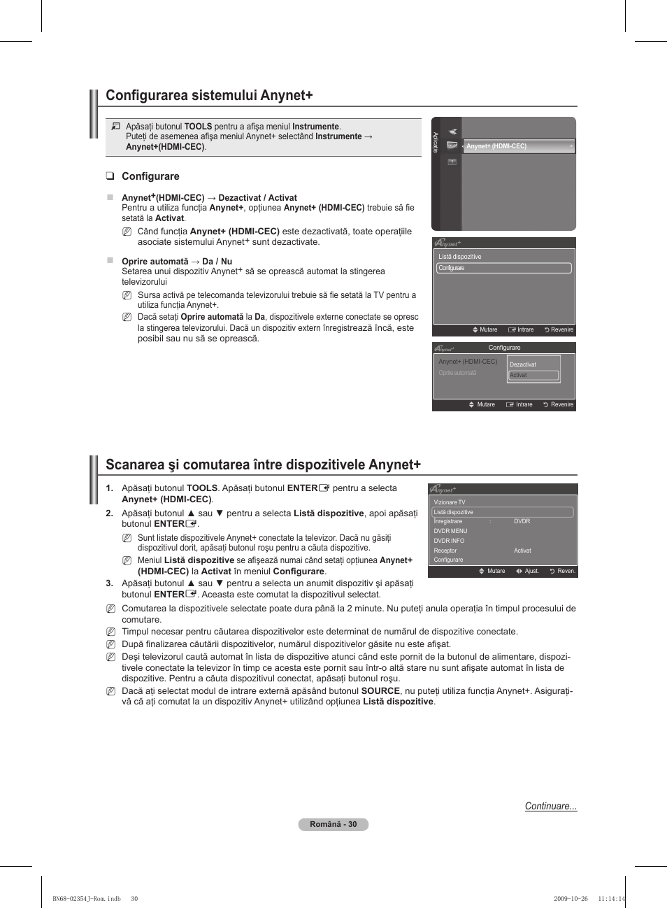 Scanarea şi comutarea între dispozitivele anynet, Configurarea sistemului anynet, Configurare | Samsung PS42B451B2W User Manual | Page 303 / 393