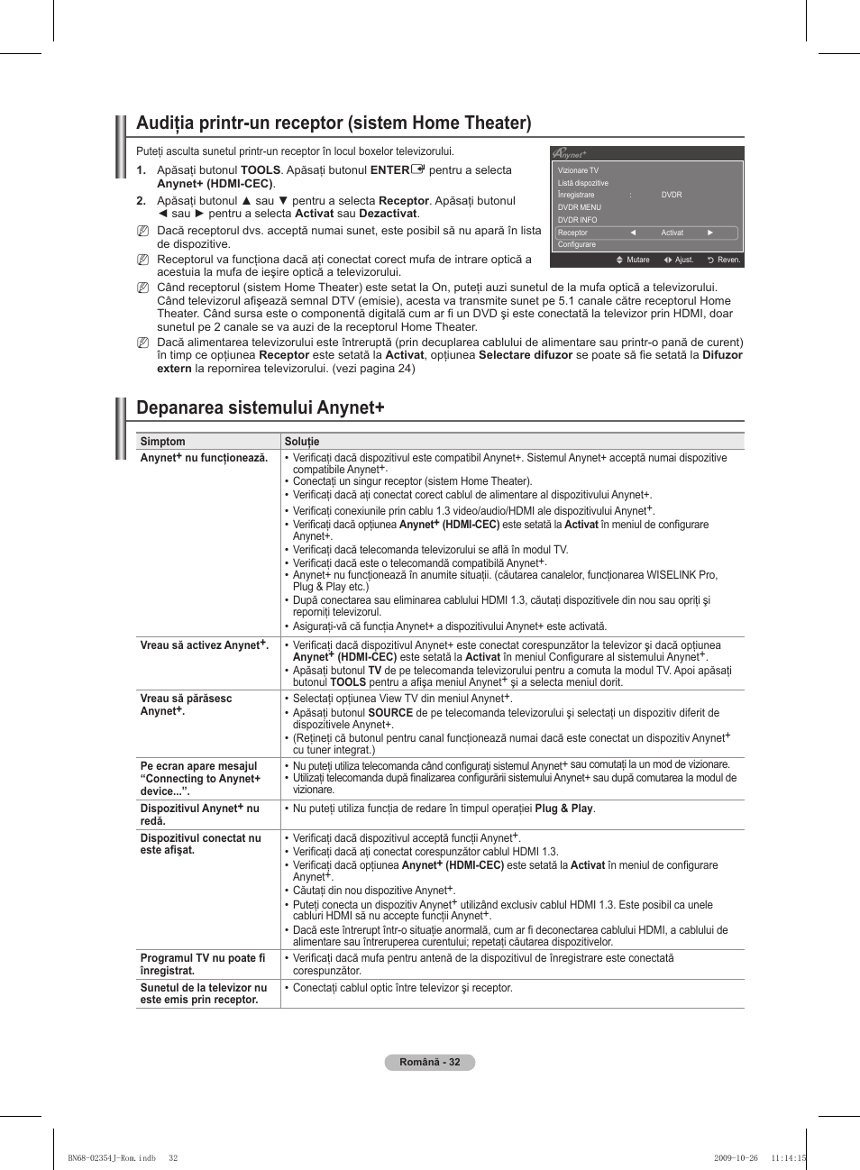 Audiţia printr-un receptor (sistem home theater), Depanarea sistemului anynet | Samsung PS42B451B2W User Manual | Page 305 / 393