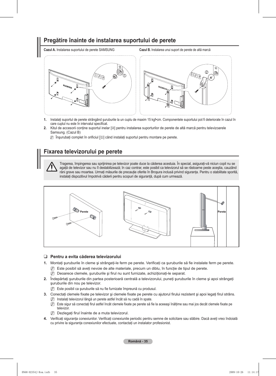 경고 주의 경고 주의, Fixarea televizorului pe perete | Samsung PS42B451B2W User Manual | Page 308 / 393