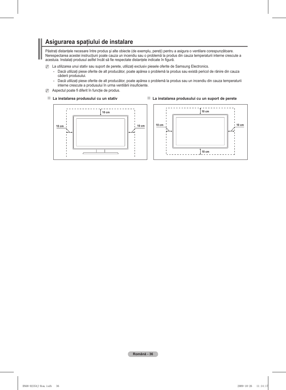 Asigurarea spaţiului de instalare | Samsung PS42B451B2W User Manual | Page 309 / 393