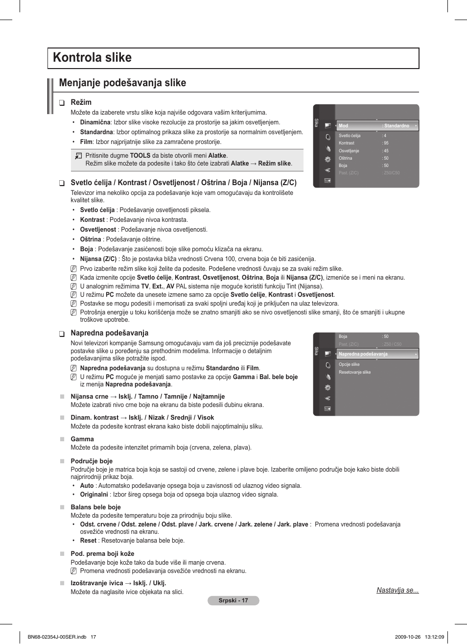 Kontrola slike, Menjanje podešavanja slike | Samsung PS42B451B2W User Manual | Page 329 / 393