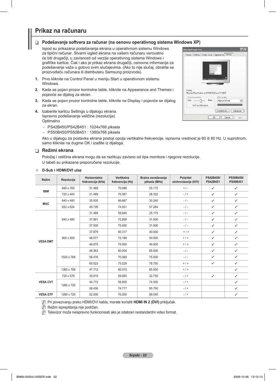 Prikaz na računaru, Režimi ekrana | Samsung PS42B451B2W User Manual | Page 334 / 393
