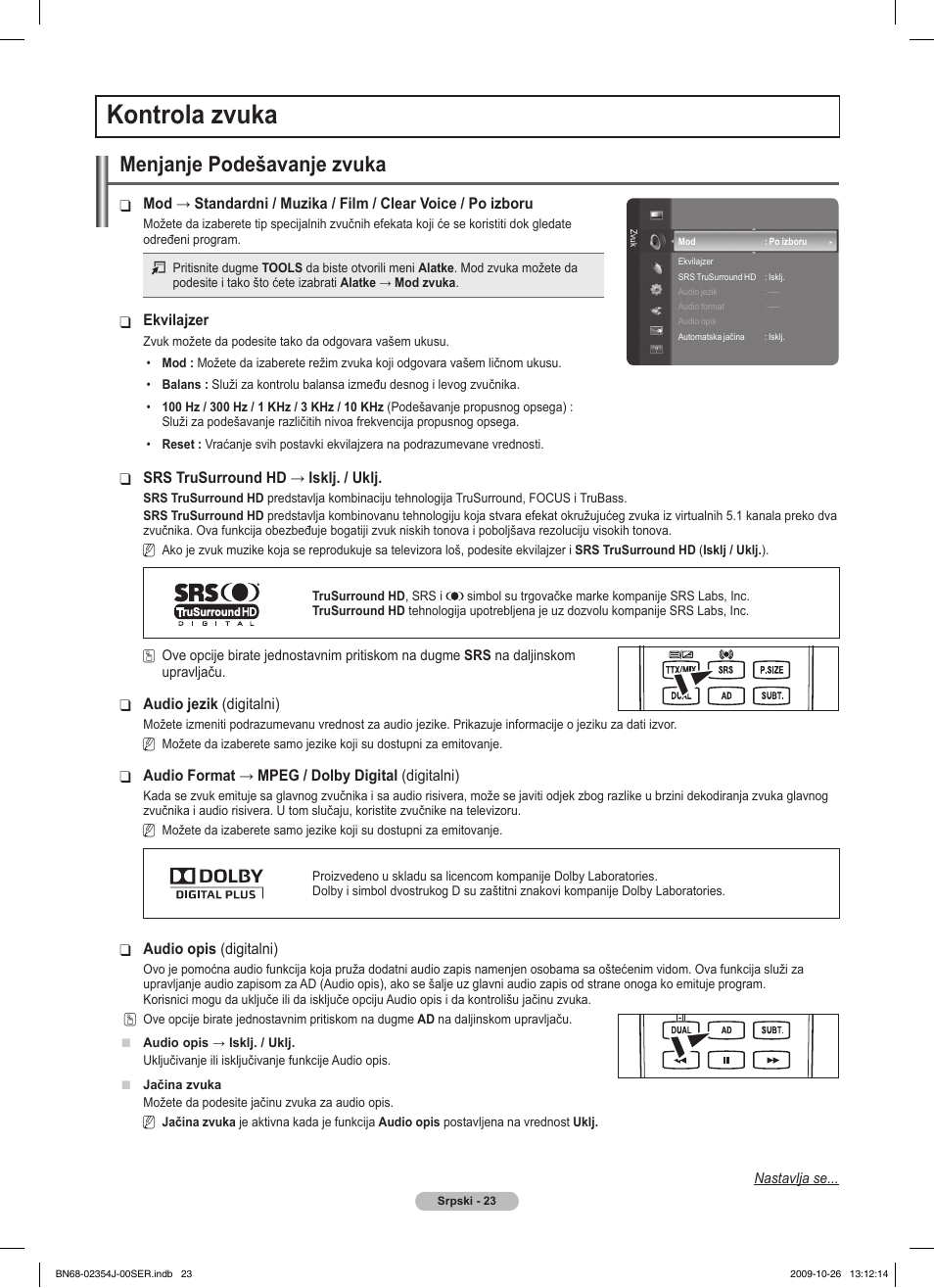 Kontrola zvuka, Menjanje podešavanje zvuka | Samsung PS42B451B2W User Manual | Page 335 / 393