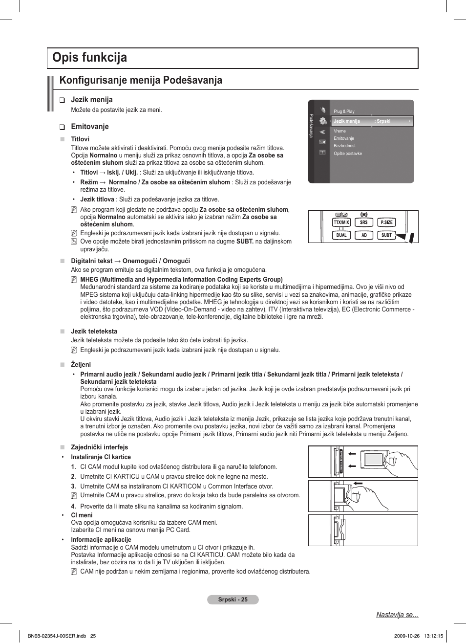 Opis funkcija, Konfigurisanje menija podešavanja | Samsung PS42B451B2W User Manual | Page 337 / 393