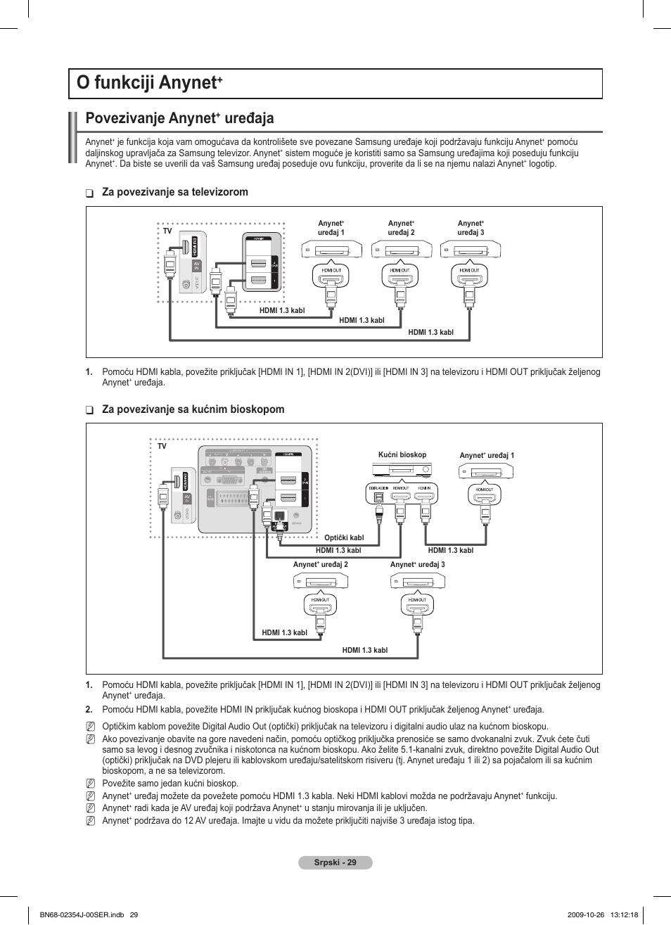 O funkciji anynet, Povezivanje anynet, Uređaja | Za povezivanje sa televizorom, Za povezivanje sa kućnim bioskopom | Samsung PS42B451B2W User Manual | Page 341 / 393