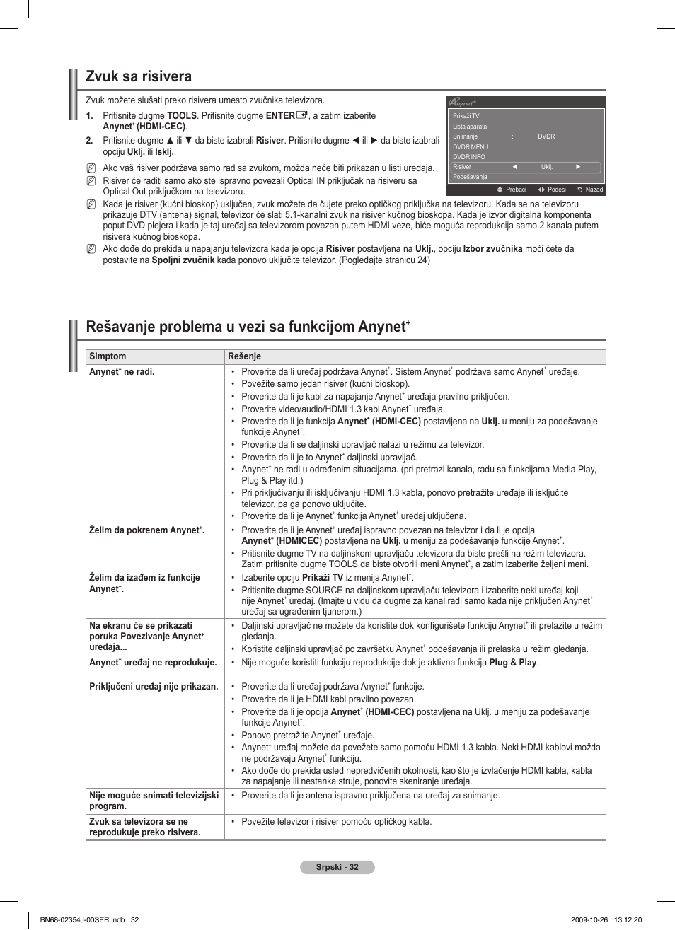Zvuk sa risivera, Rešavanje problema u vezi sa funkcijom anynet | Samsung PS42B451B2W User Manual | Page 344 / 393