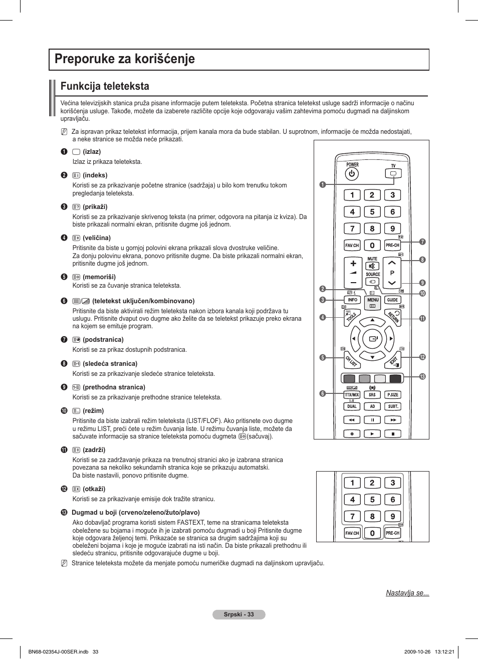 Preporuke za korišćenje, Funkcija teleteksta | Samsung PS42B451B2W User Manual | Page 345 / 393