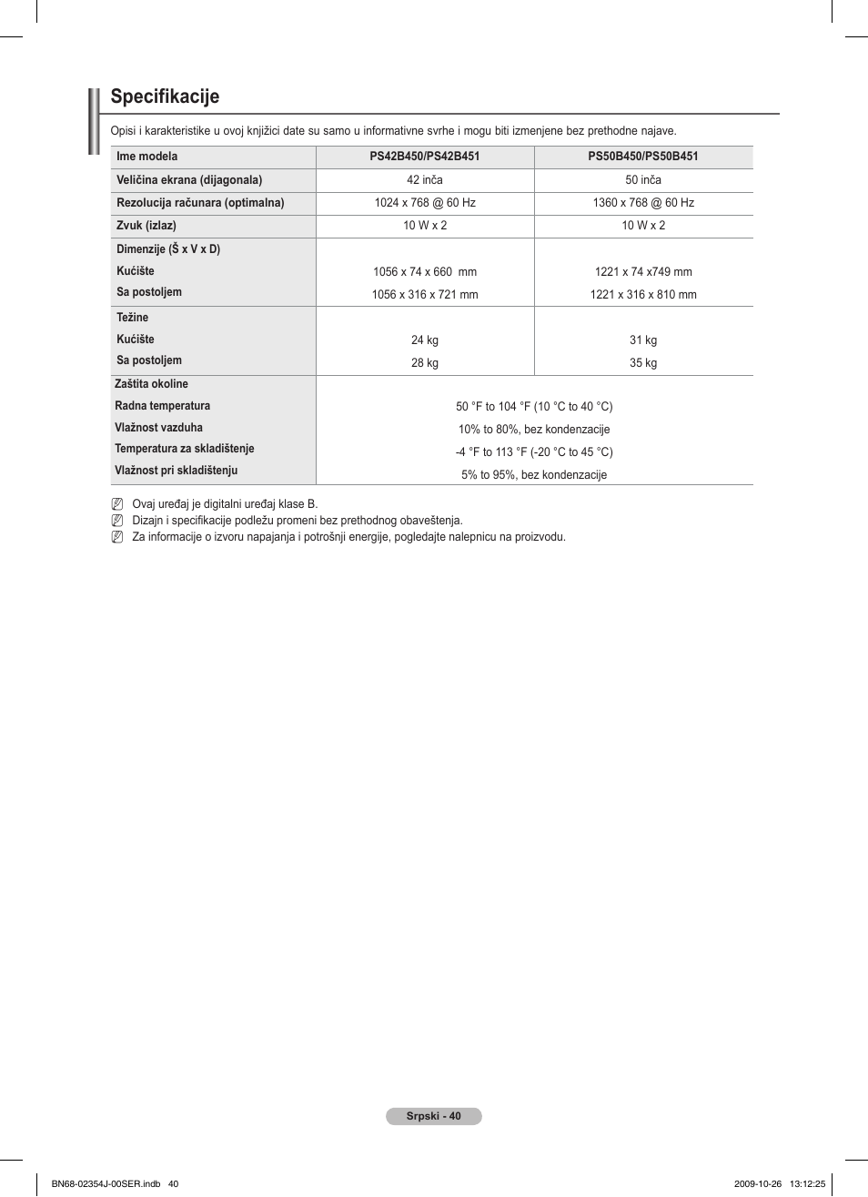 Specifikacije | Samsung PS42B451B2W User Manual | Page 352 / 393
