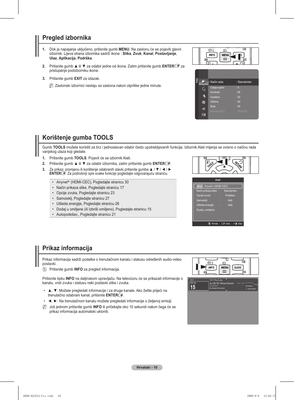 Pregled izbornika, Korištenje gumba tools, Prikaz informacija | Samsung PS42B451B2W User Manual | Page 361 / 393