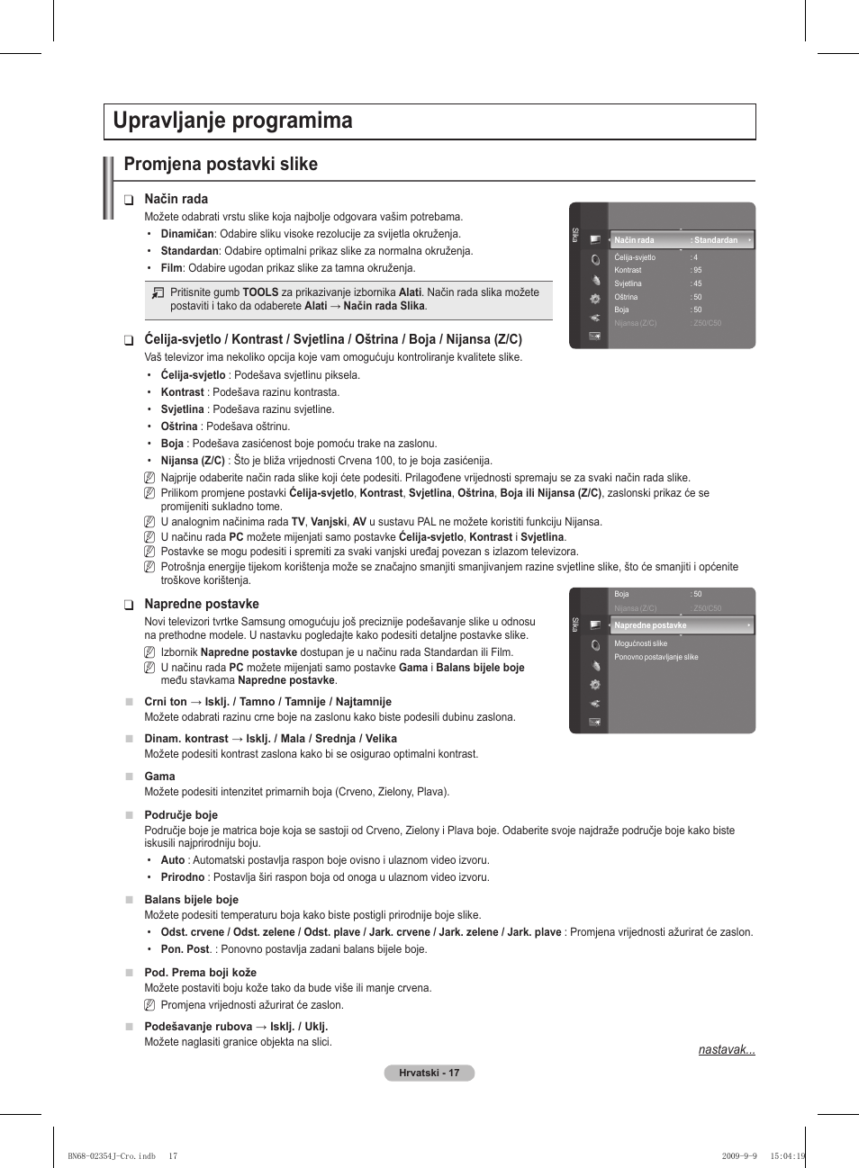 Upravljanje programima, Promjena postavki slike | Samsung PS42B451B2W User Manual | Page 368 / 393