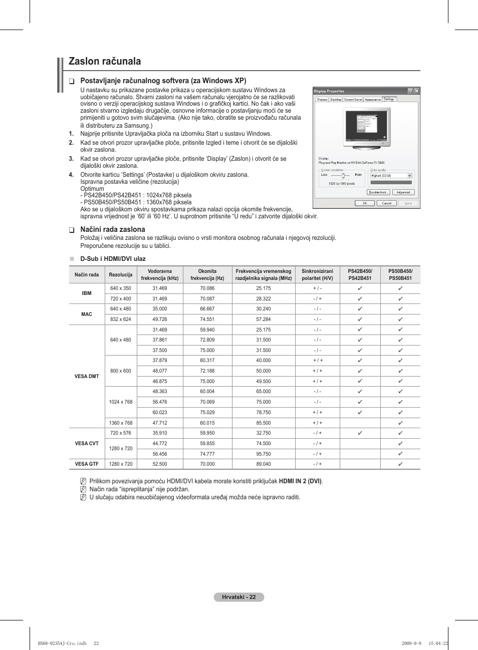 Zaslon računala, Postavljanje računalnog softvera (za windows xp), Načini rada zaslona | Samsung PS42B451B2W User Manual | Page 373 / 393