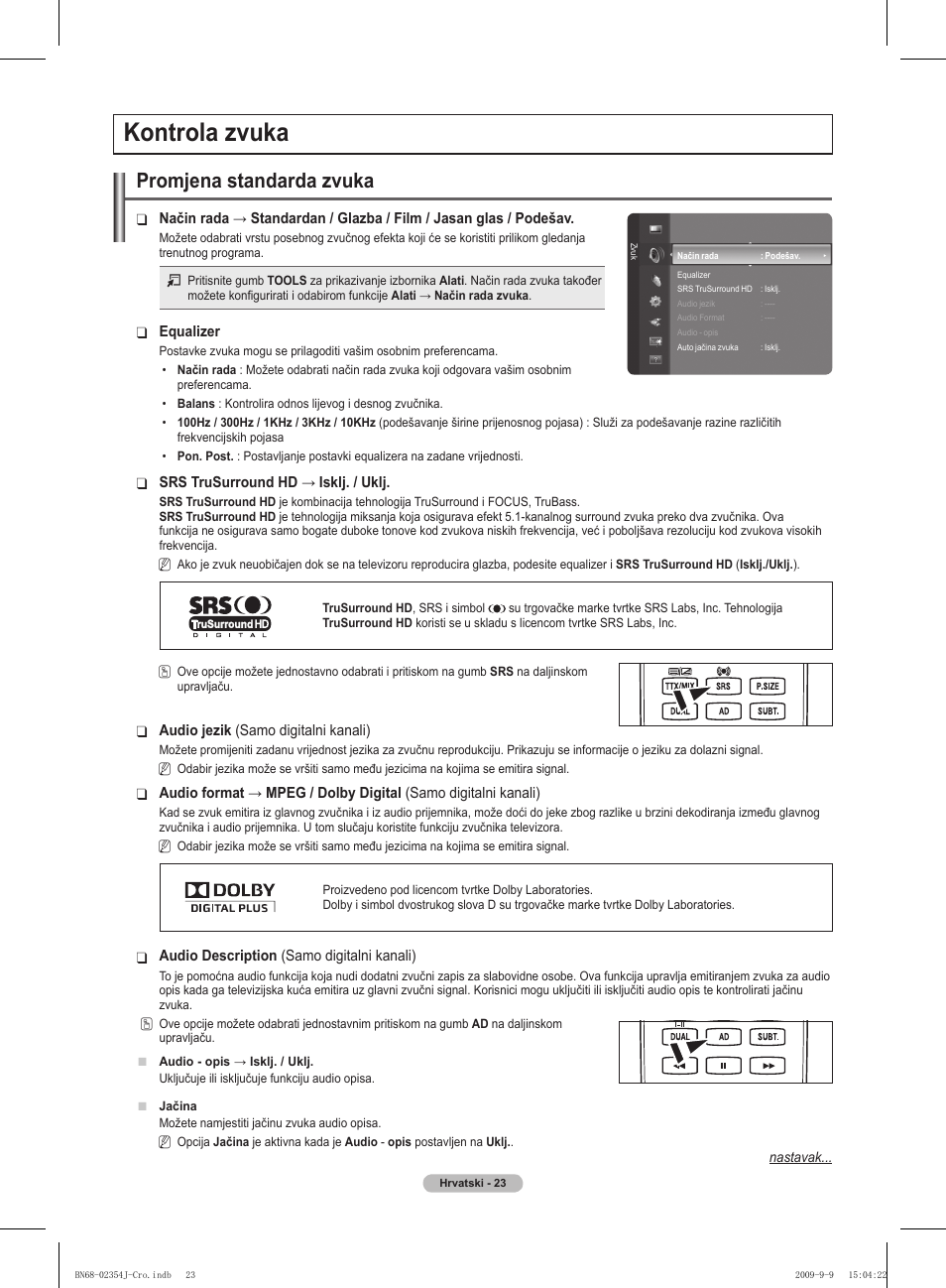 Kontrola zvuka, Promjena standarda zvuka | Samsung PS42B451B2W User Manual | Page 374 / 393