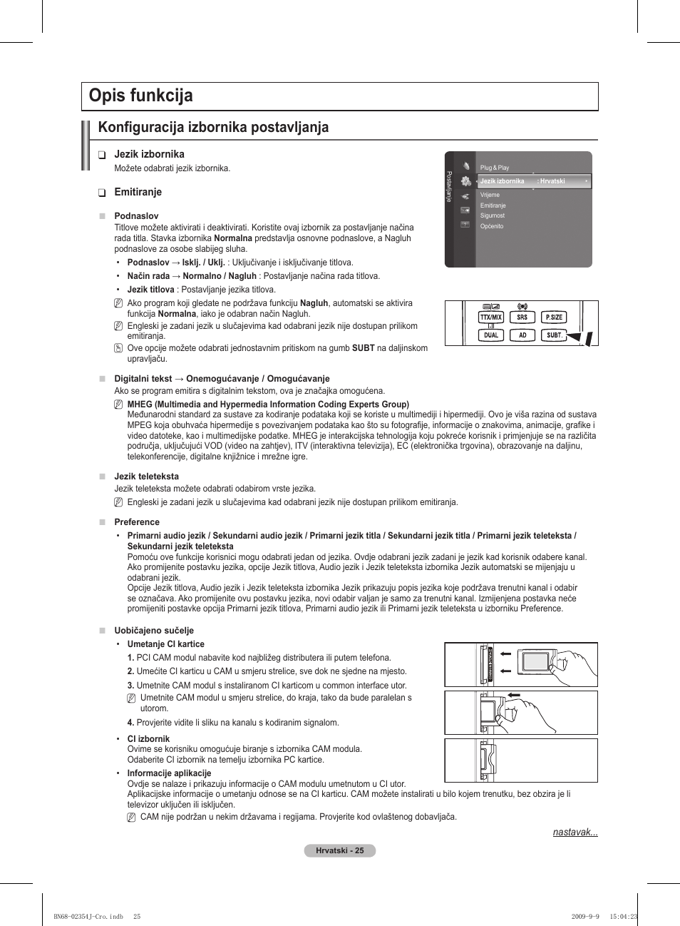 Opis funkcija, Konfiguracija izbornika postavljanja | Samsung PS42B451B2W User Manual | Page 376 / 393