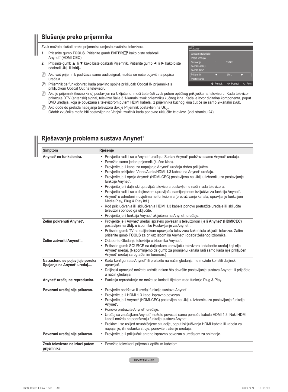 Slušanje preko prijemnika, Rješavanje problema sustava anynet | Samsung PS42B451B2W User Manual | Page 383 / 393