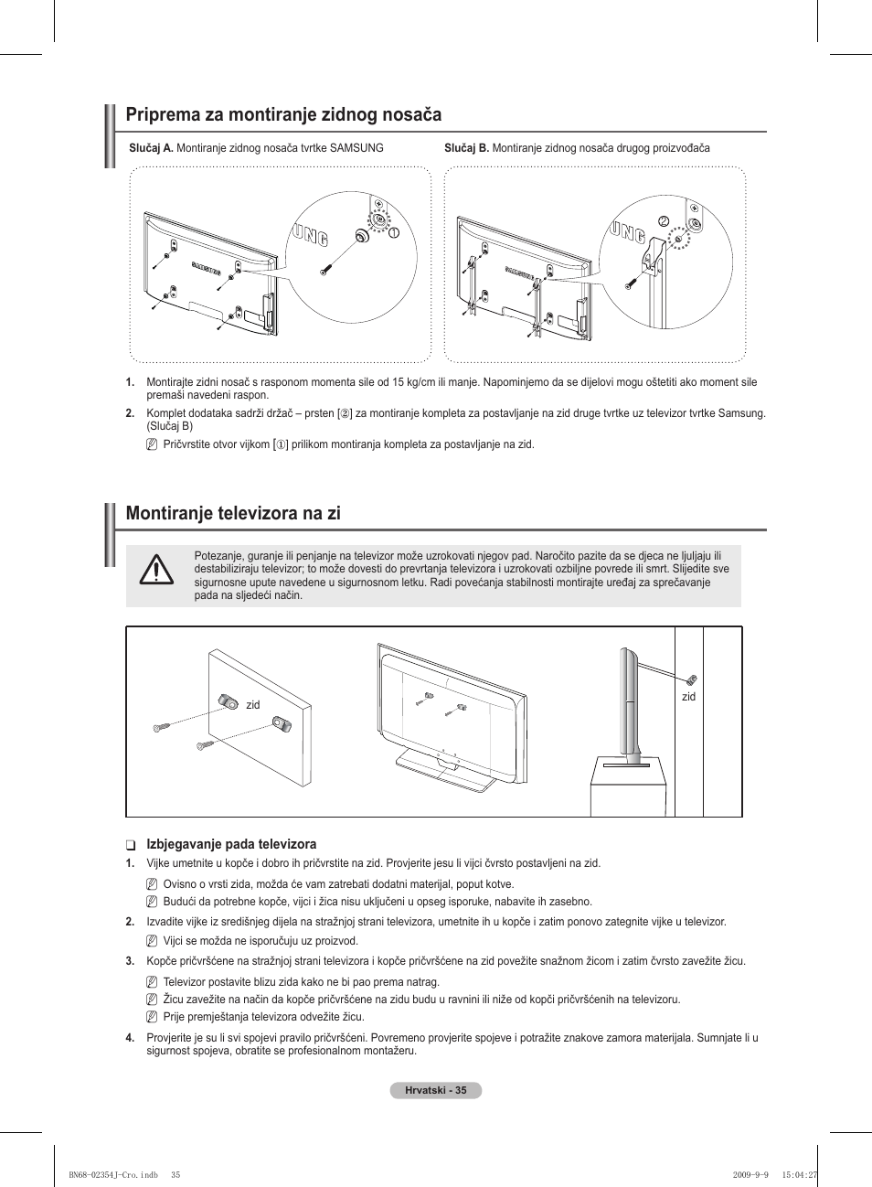 경고 주의 경고 주의, Priprema za montiranje zidnog nosača, Montiranje televizora na zi | Samsung PS42B451B2W User Manual | Page 386 / 393