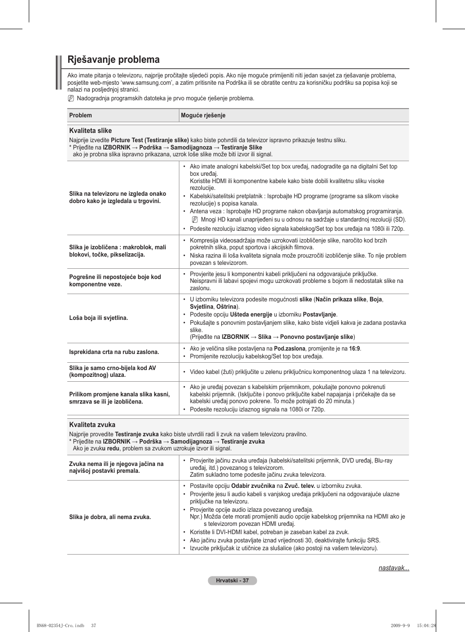 Rješavanje problema | Samsung PS42B451B2W User Manual | Page 388 / 393