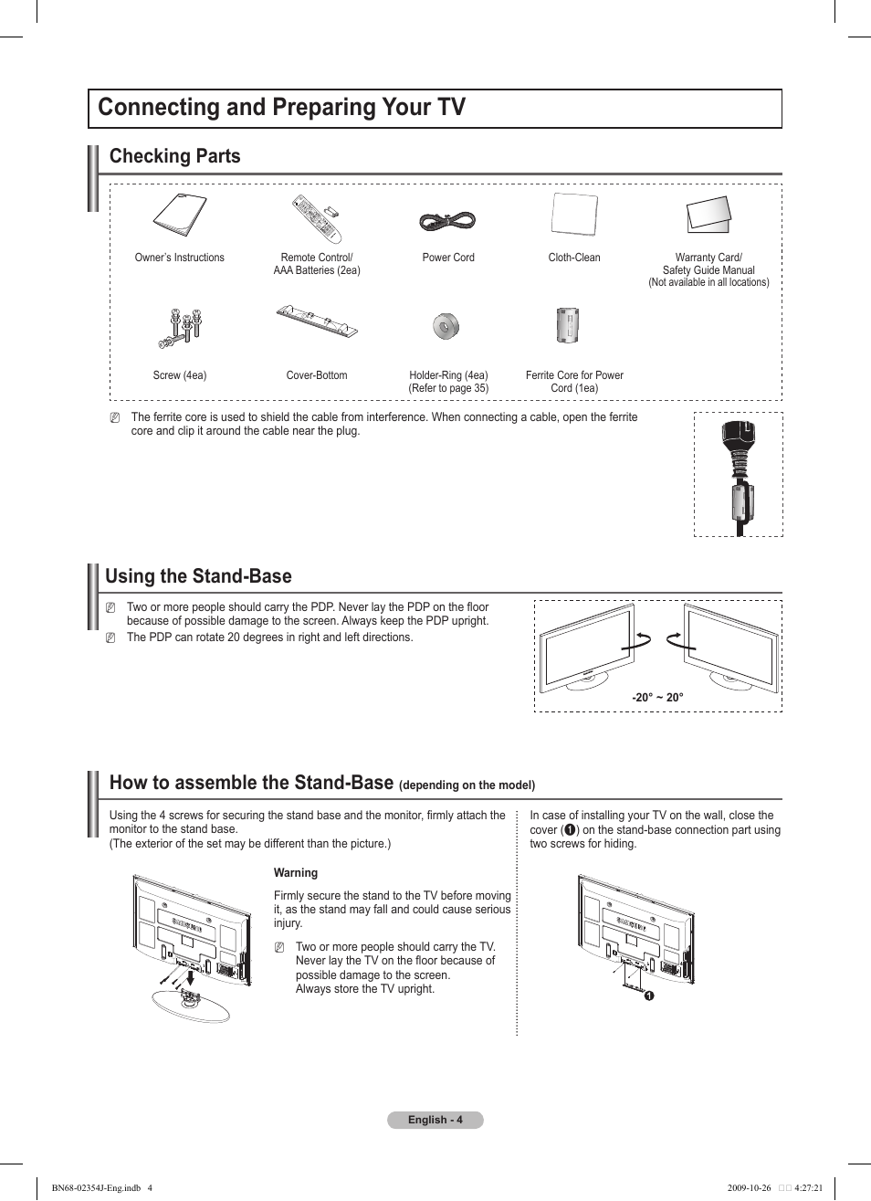Connecting and preparing your tv, Using the stand-base, How to assemble the stand-base | Checking parts | Samsung PS42B451B2W User Manual | Page 4 / 393