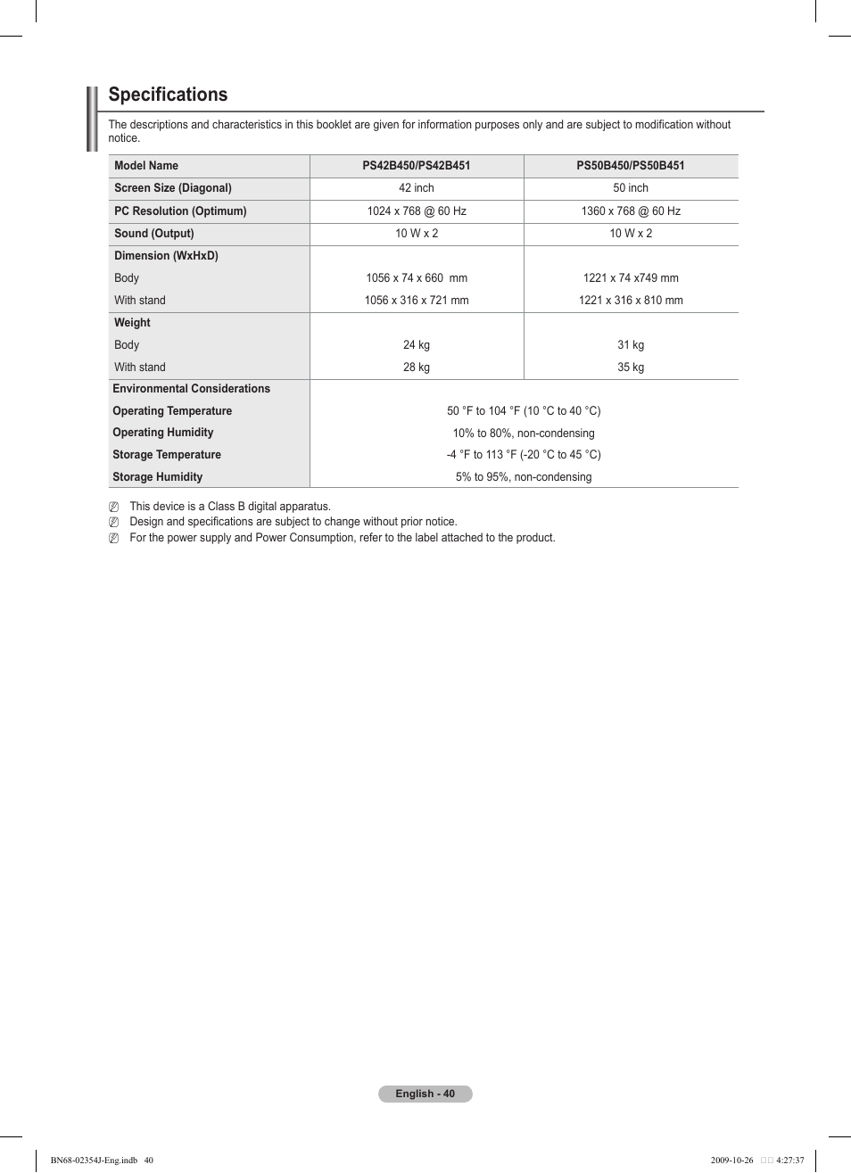 Specifications | Samsung PS42B451B2W User Manual | Page 40 / 393