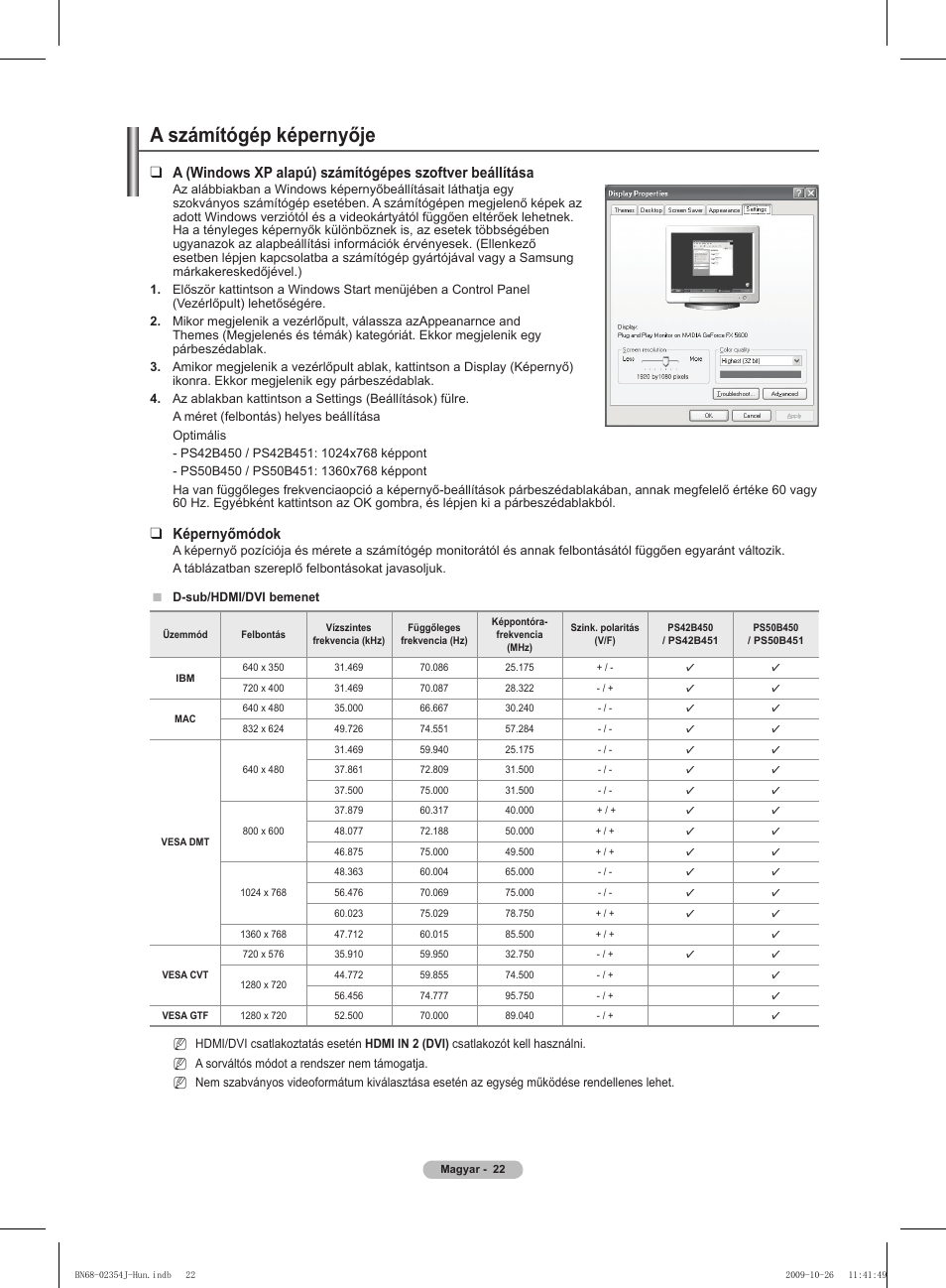 A számítógép képernyője, Képernyőmódok | Samsung PS42B451B2W User Manual | Page 61 / 393