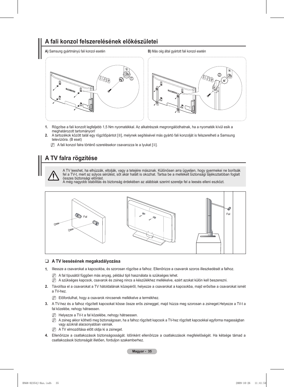 경고 주의 경고 주의, A tv falra rögzítése, A fali konzol felszerelésének előkészületei | Samsung PS42B451B2W User Manual | Page 74 / 393