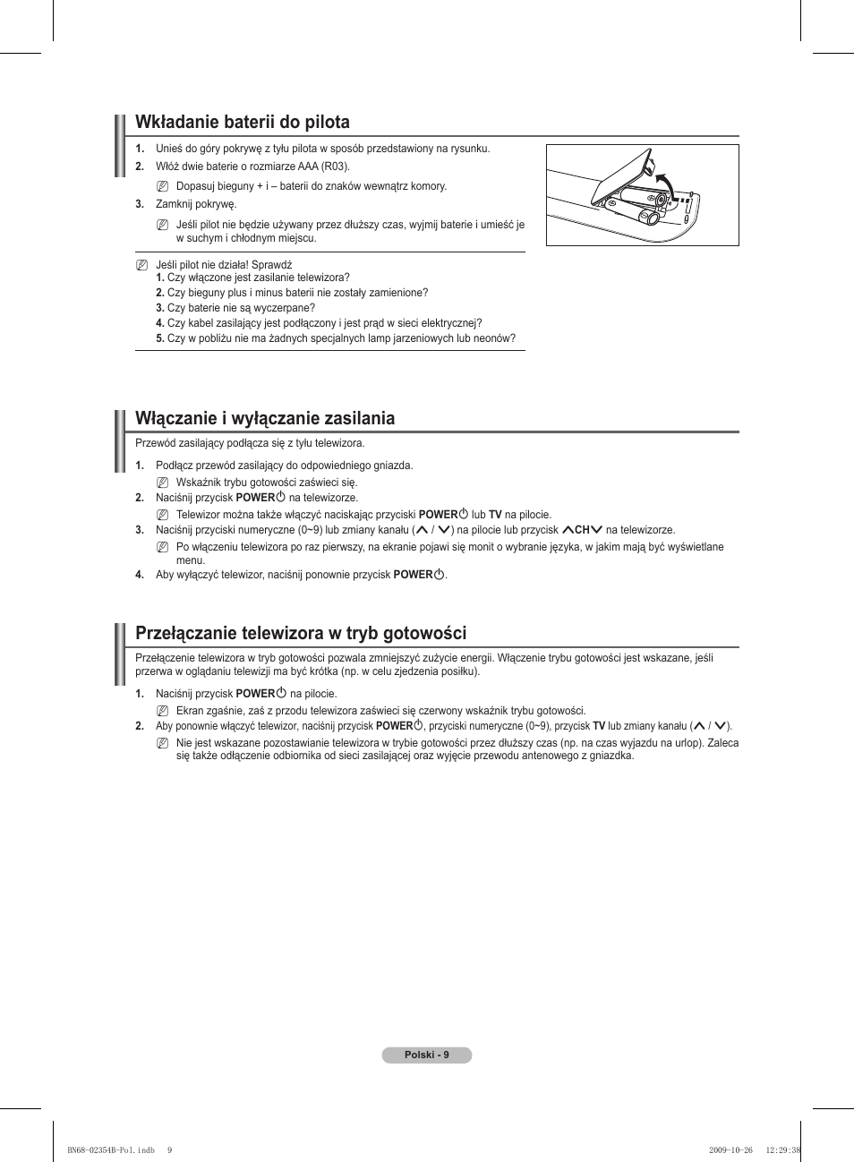 Wkładanie baterii do pilota, Włączanie i wyłączanie zasilania, Przełączanie telewizora w tryb gotowości | Samsung PS42B451B2W User Manual | Page 87 / 393