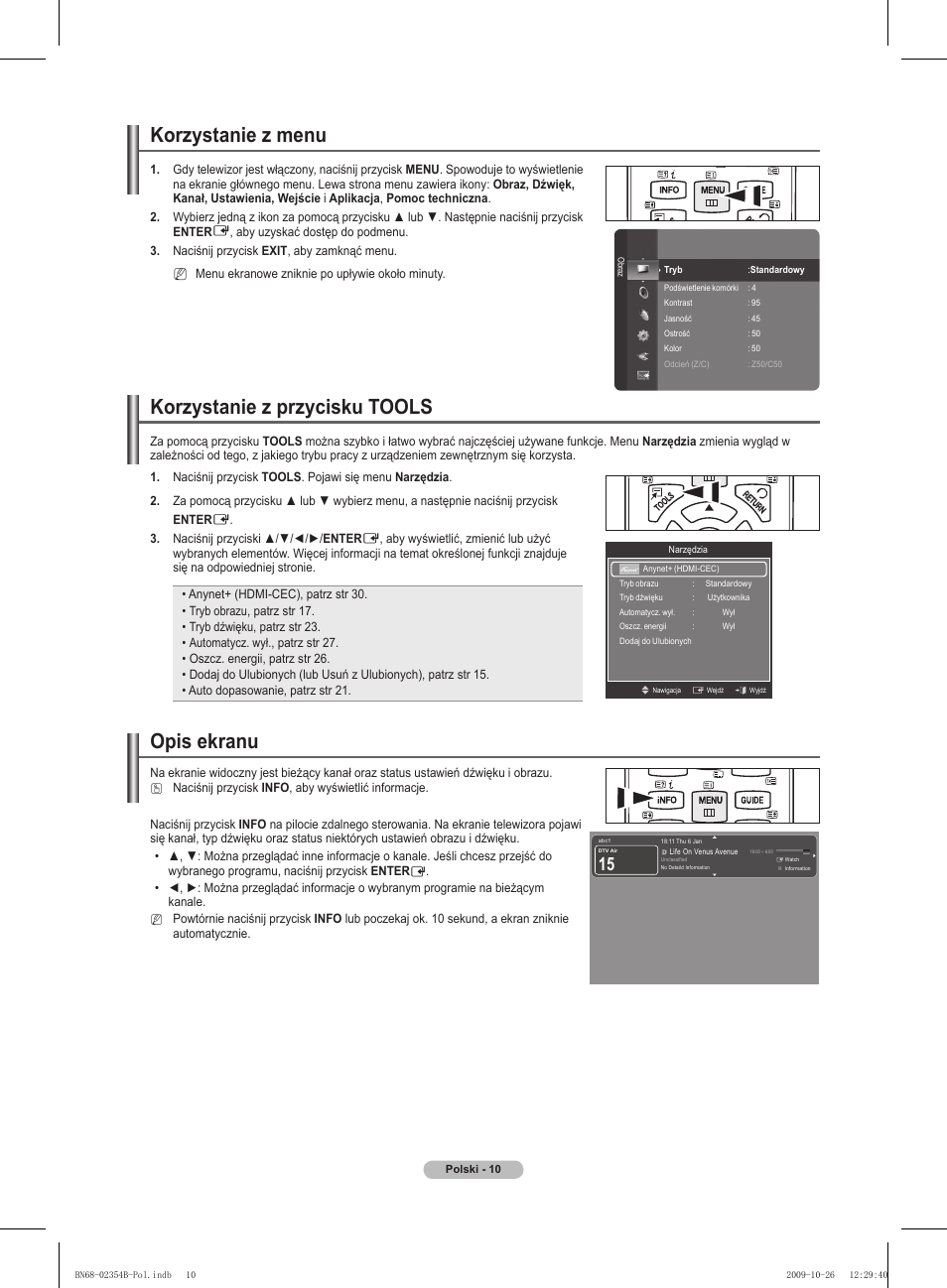Korzystanie z menu, Korzystanie z przycisku tools, Opis ekranu | Samsung PS42B451B2W User Manual | Page 88 / 393