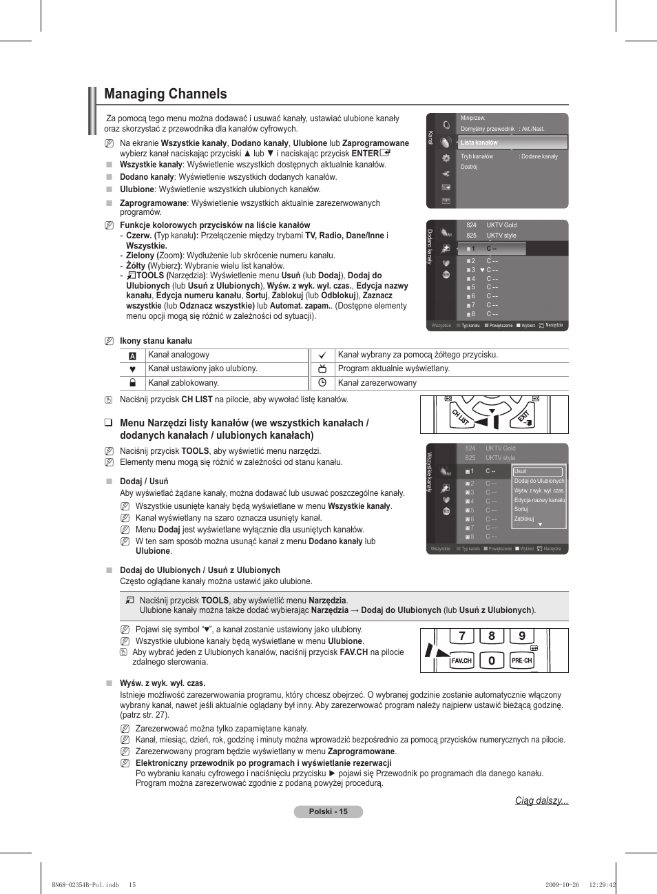 Managing channels, Ciąg dalszy | Samsung PS42B451B2W User Manual | Page 93 / 393