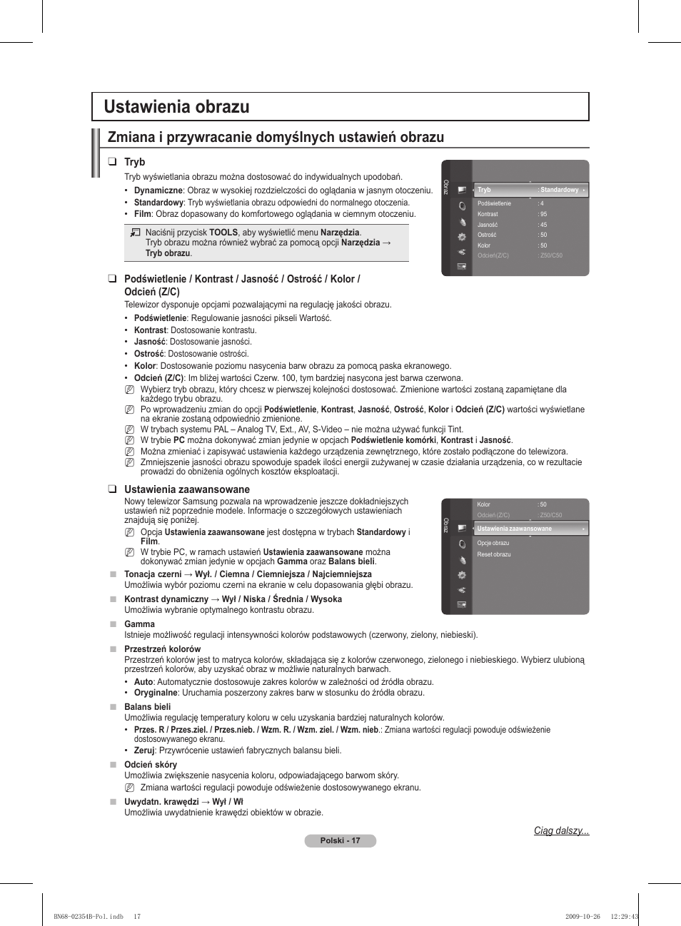 Ustawienia obrazu, Zmiana i przywracanie domyślnych ustawień obrazu, Tryb | Ustawienia zaawansowane | Samsung PS42B451B2W User Manual | Page 95 / 393
