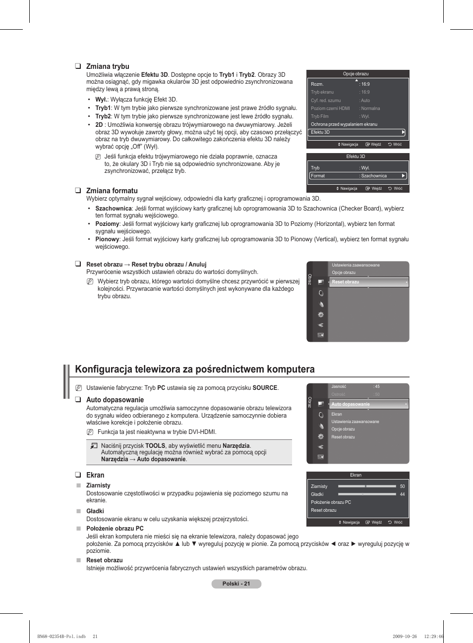 Konfiguracja telewizora za pośrednictwem komputera, Auto dopasowanie, Ekran | Zmiana trybu, Zmiana formatu | Samsung PS42B451B2W User Manual | Page 99 / 393