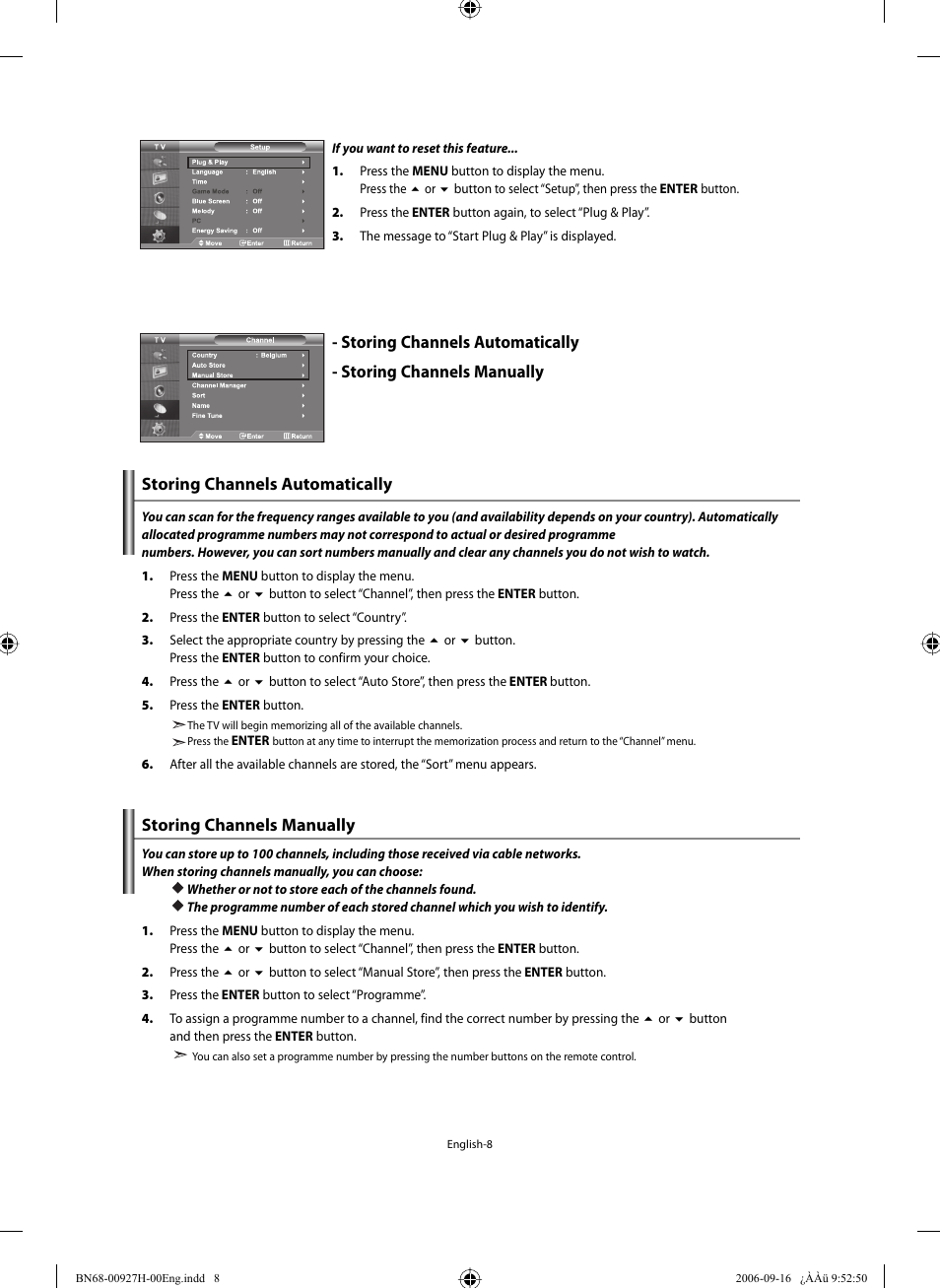 Setting the channels, Storing channels automatically, Storing channels manually | Samsung LE32R32B User Manual | Page 10 / 211