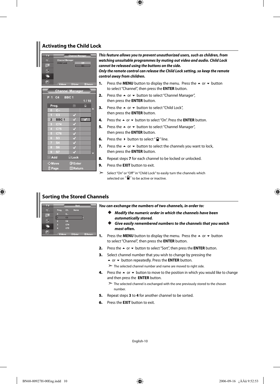 Activating the child lock, Sorting the stored channels | Samsung LE32R32B User Manual | Page 12 / 211