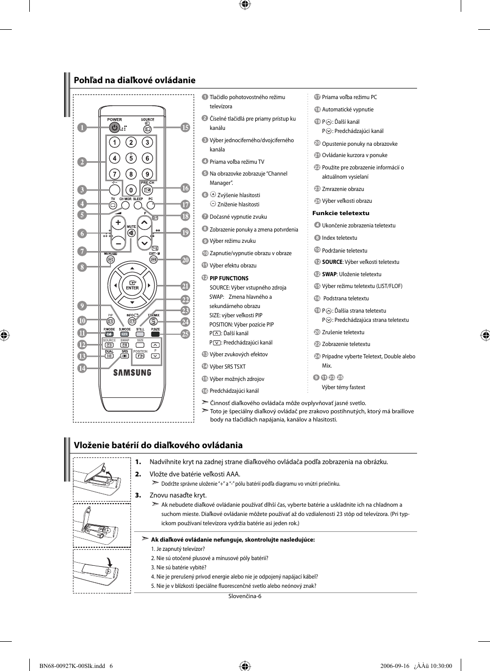 Vloženie batérií do diaľkového ovládania, Pohľad na diaľkové ovládanie | Samsung LE32R32B User Manual | Page 138 / 211