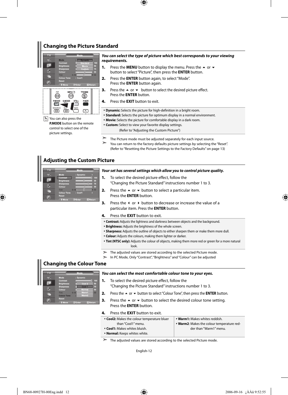 Setting the picture, Changing the picture standard, Adjusting the custom picture | Changing the colour tone | Samsung LE32R32B User Manual | Page 14 / 211