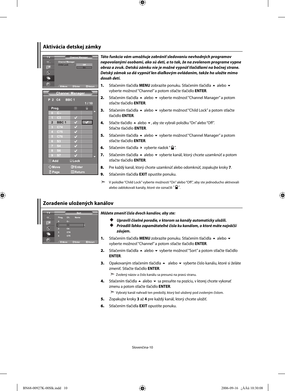 Zoradenie uložených kanálov, Aktivácia detskej zámky | Samsung LE32R32B User Manual | Page 142 / 211