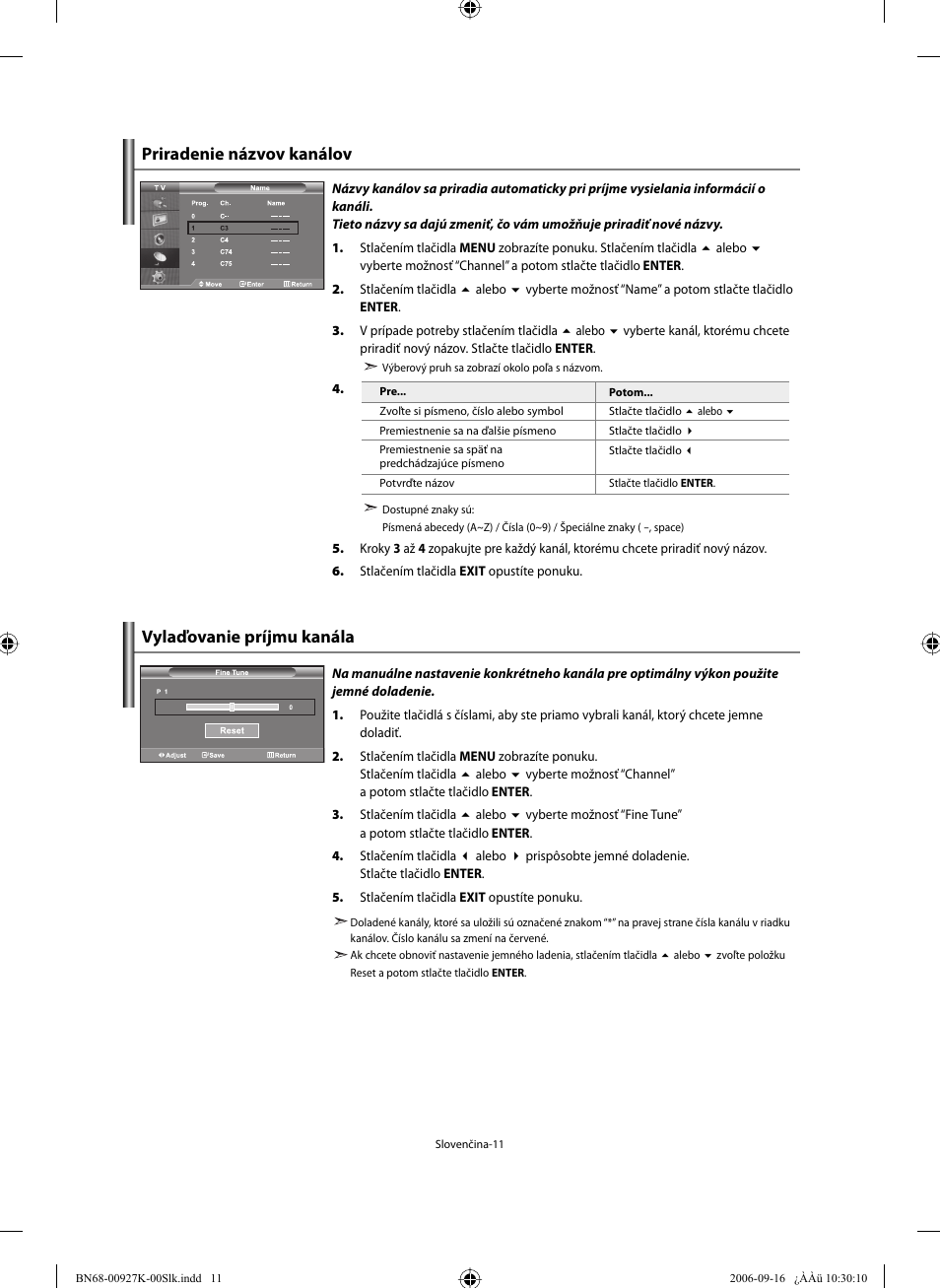 Vylaďovanie príjmu kanála, Priradenie názvov kanálov | Samsung LE32R32B User Manual | Page 143 / 211