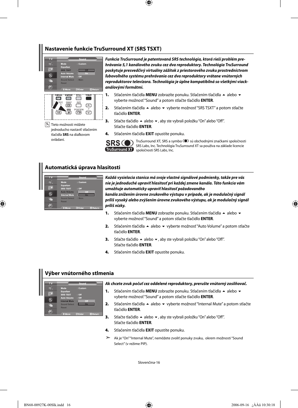 Nastavenie funkcie trusurround xt (srs tsxt), Automatická úprava hlasitosti, Výber vnútorného stlmenia | Samsung LE32R32B User Manual | Page 148 / 211