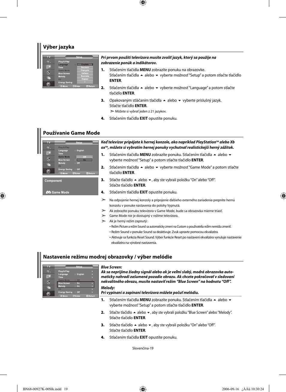 Výber jazyka, Používanie game mode, Nastavenie režimu modrej obrazovky / výber melódie | Samsung LE32R32B User Manual | Page 151 / 211