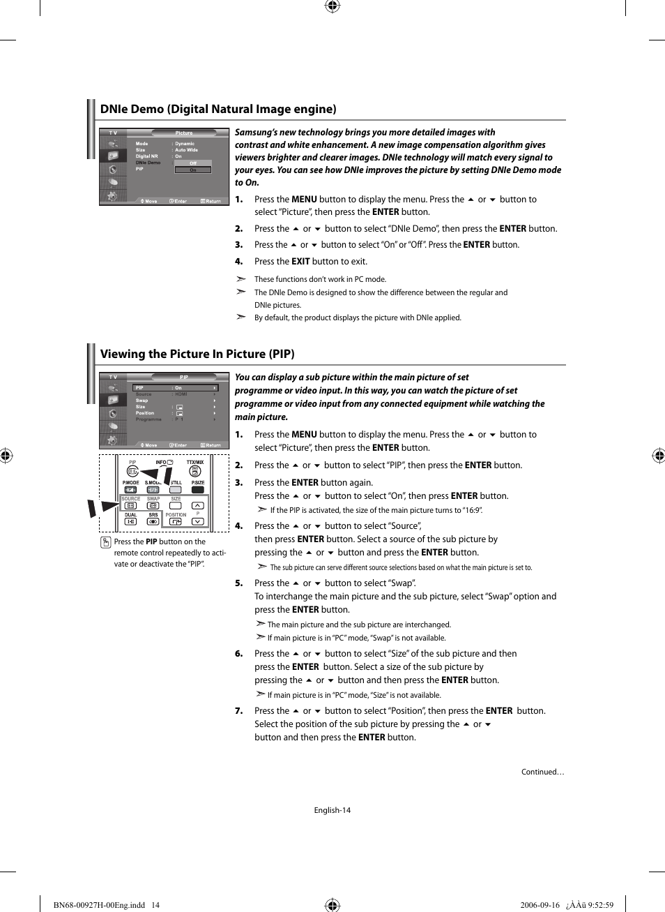 Dnie demo (digital natural image engine), Viewing the picture in picture (pip) | Samsung LE32R32B User Manual | Page 16 / 211