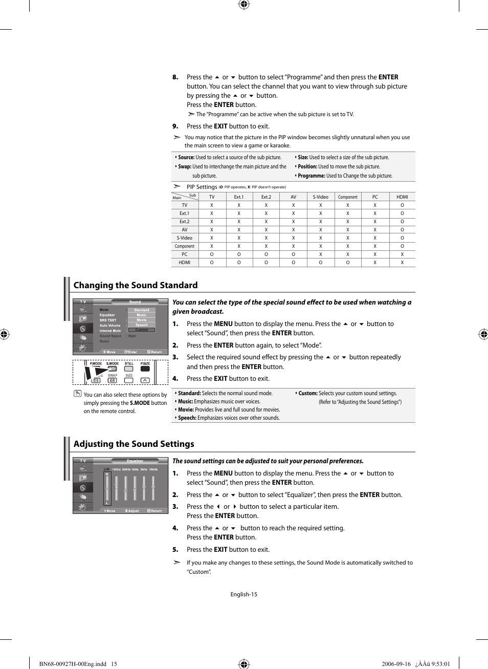Setting the sound, Changing the sound standard, Adjusting the sound settings | Samsung LE32R32B User Manual | Page 17 / 211