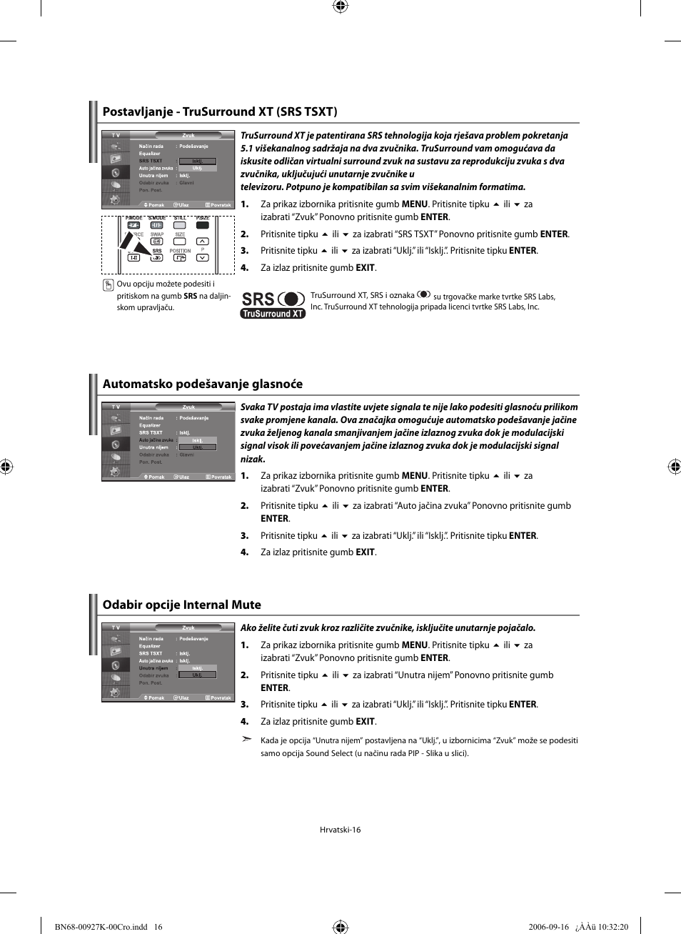 Postavljanje - trusurround xt (srs tsxt), Automatsko podešavanje glasnoće, Odabir opcije internal mute | Samsung LE32R32B User Manual | Page 174 / 211