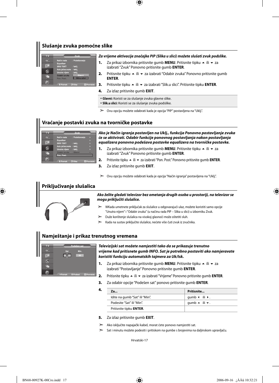 Vraćanje postavki zvuka na tvorničke postavke, Priključivanje slušalica | Samsung LE32R32B User Manual | Page 175 / 211