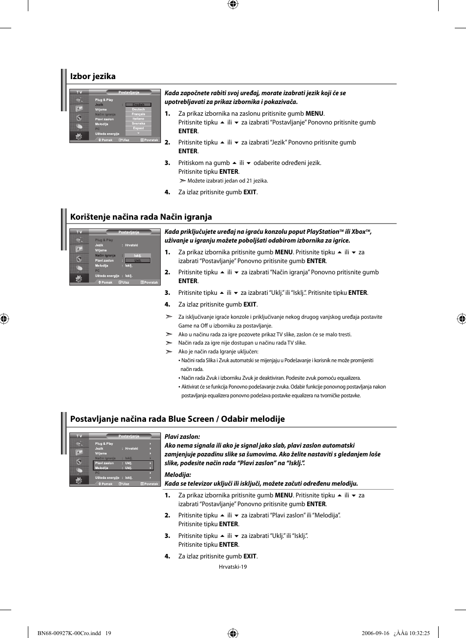 Izbor jezika, Korištenje načina rada način igranja | Samsung LE32R32B User Manual | Page 177 / 211