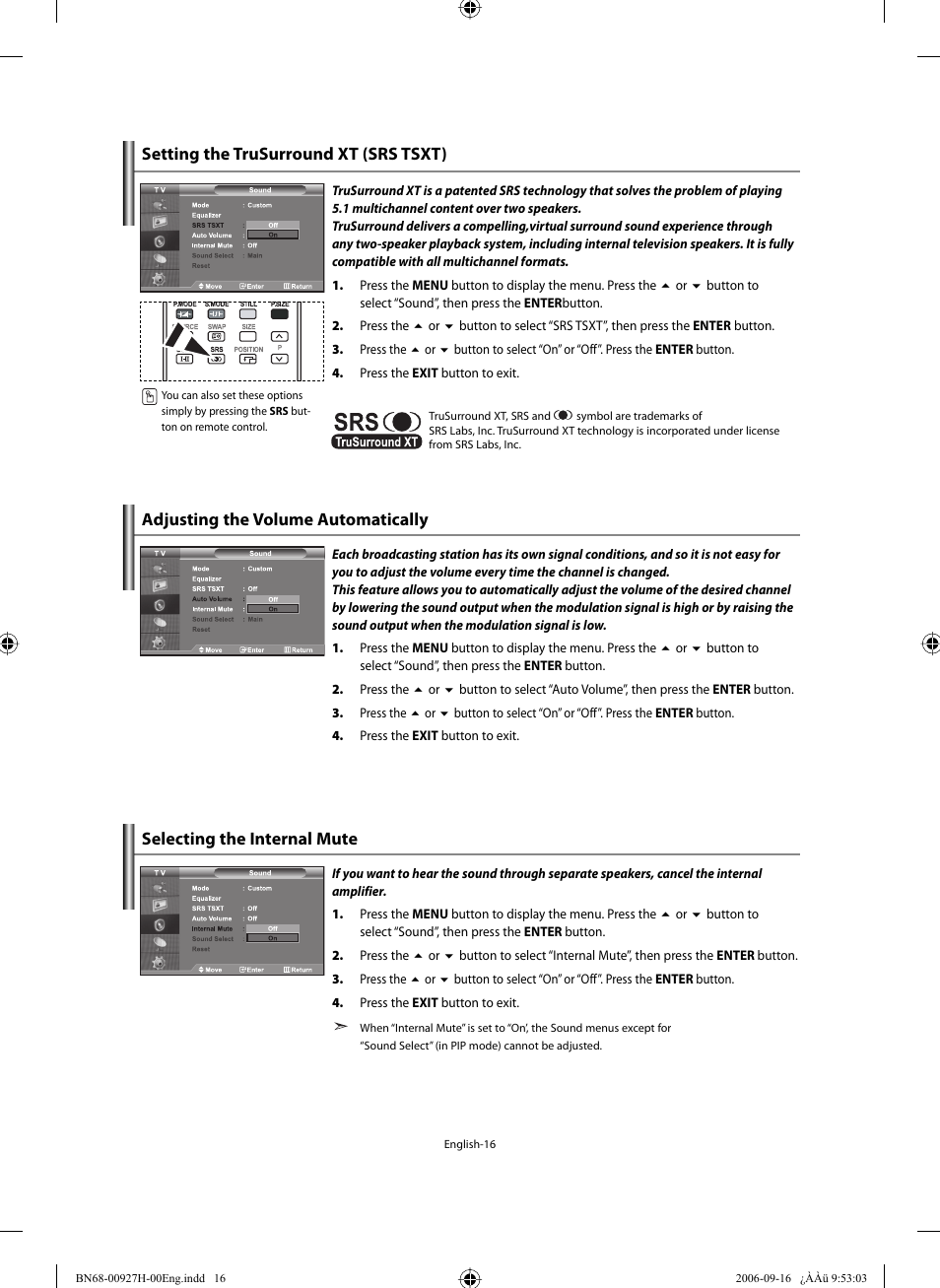 Setting the trusurround xt (srs tsxt), Adjusting the volume automatically, Selecting the internal mute | Samsung LE32R32B User Manual | Page 18 / 211